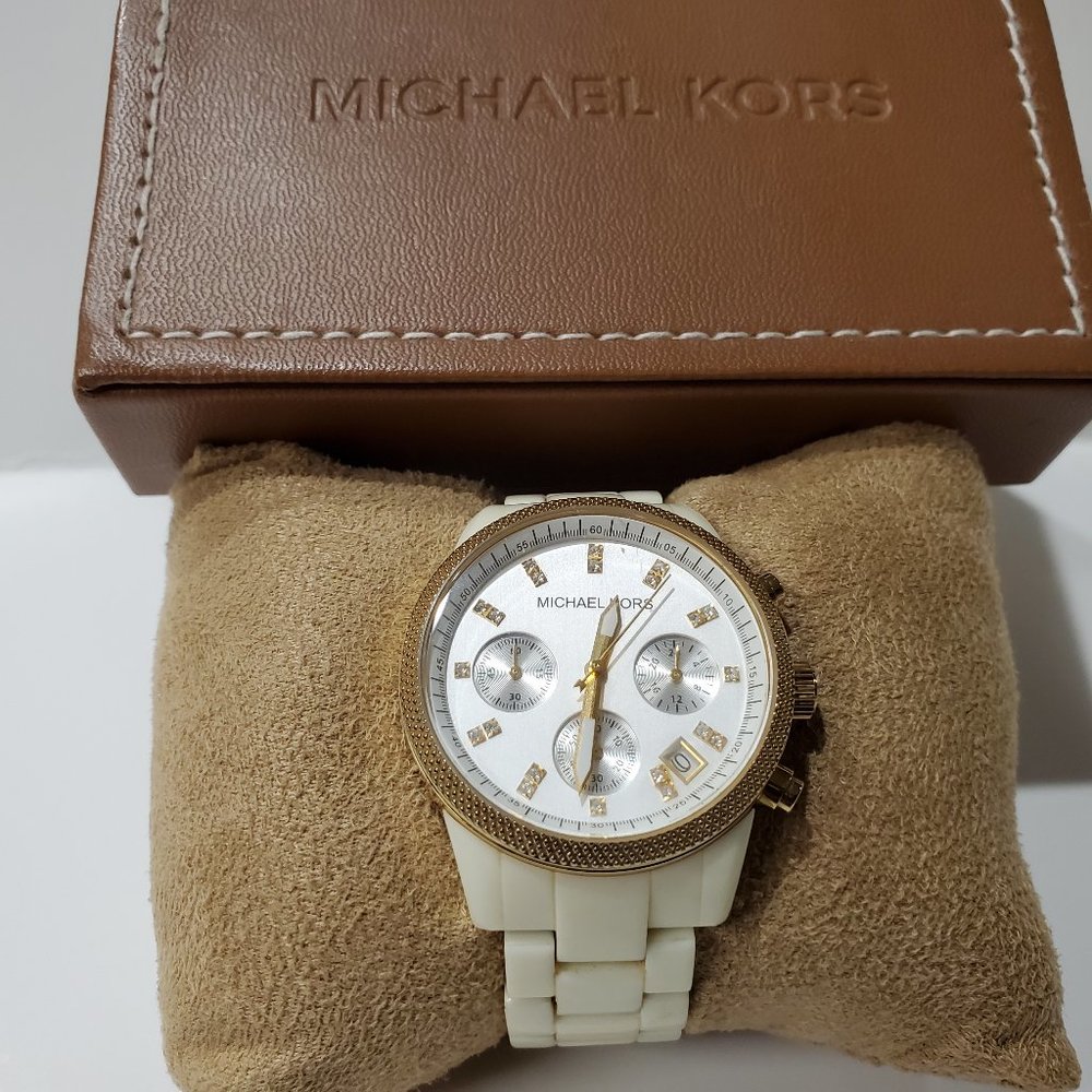 Michael Kors MK5189 White Ceramic Dial Yellow Gold Bezel Watch